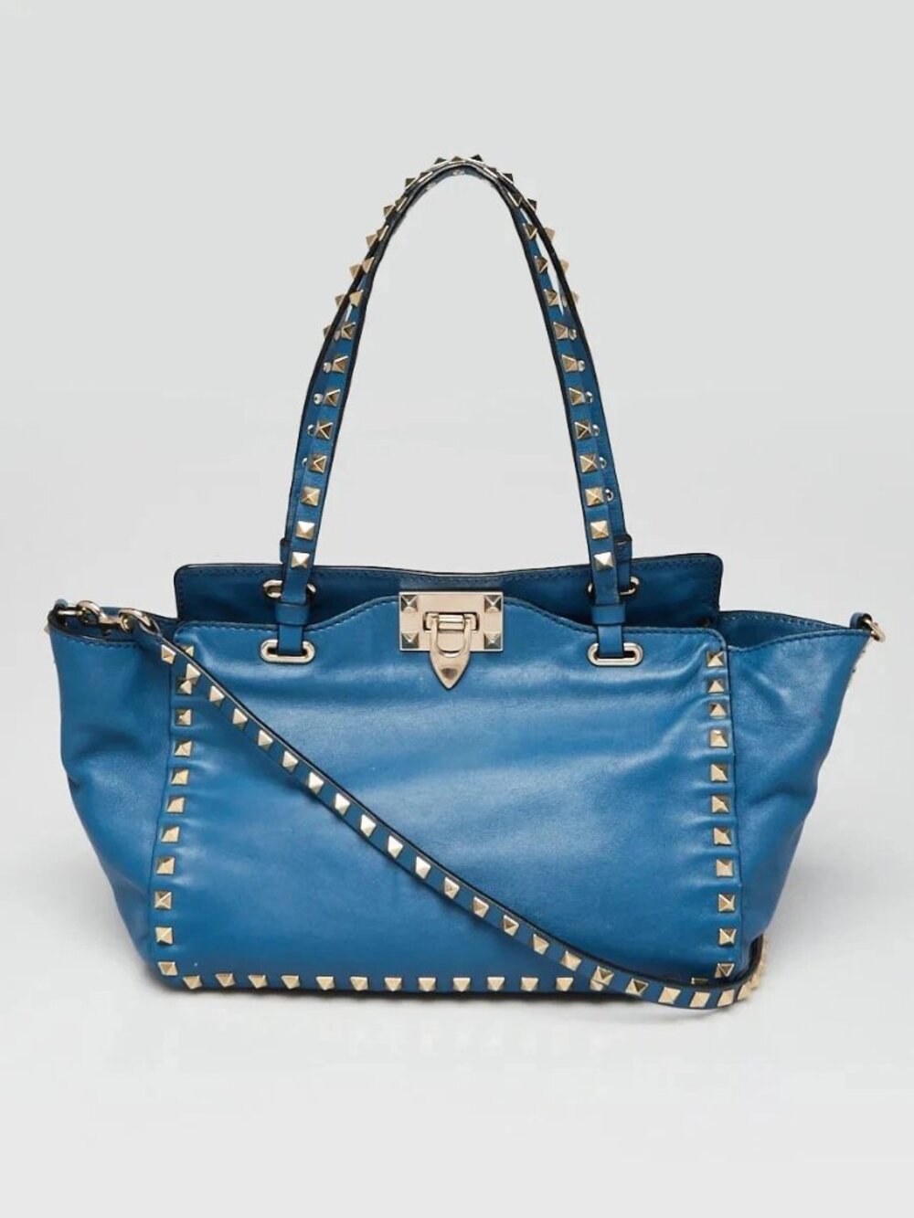 Valentino Blue Leather Rockstud Trapeze Small Tote Bag